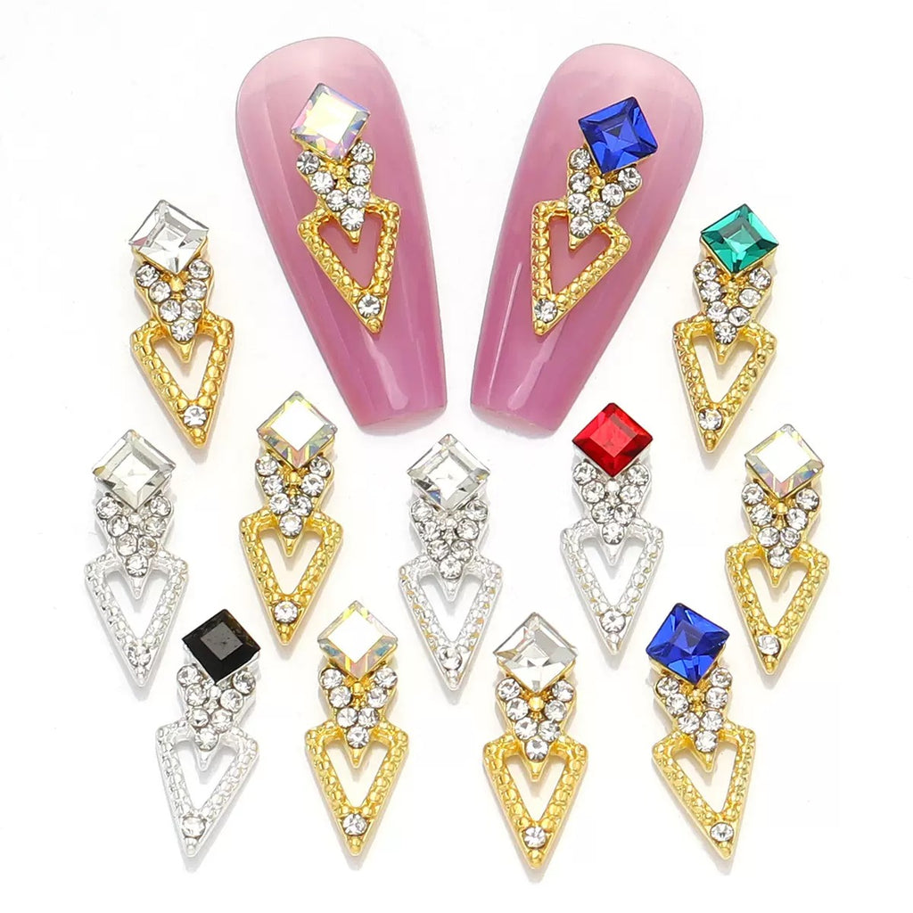 3D Metallic Geometric Nail Charms – Shimmering Rhinestone Triangle & Diamond Alloy Nail Art-12piece set