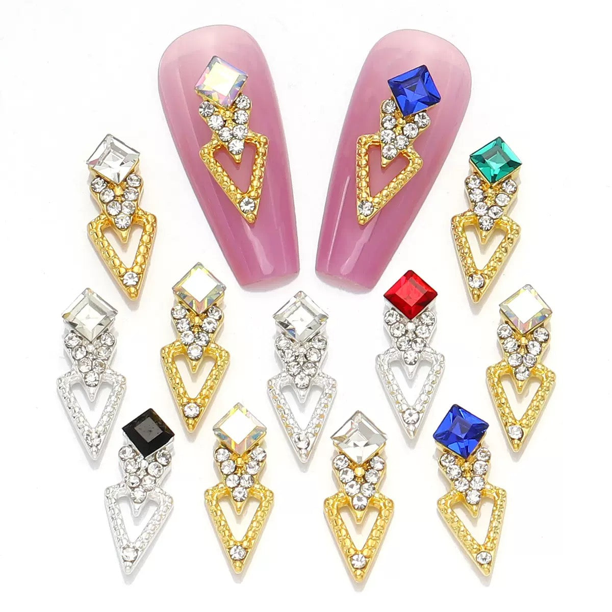 3D Metallic Geometric Nail Charms – Shimmering Rhinestone Triangle & Diamond Alloy Nail Art-12piece set