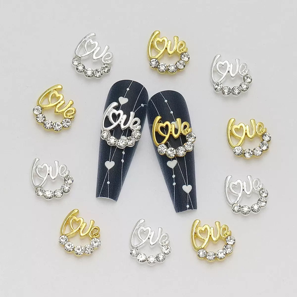 3D Love Heart Nail Charms – Shimmering Alloy Metal Love Symbol Nail Art 12 Piece Set